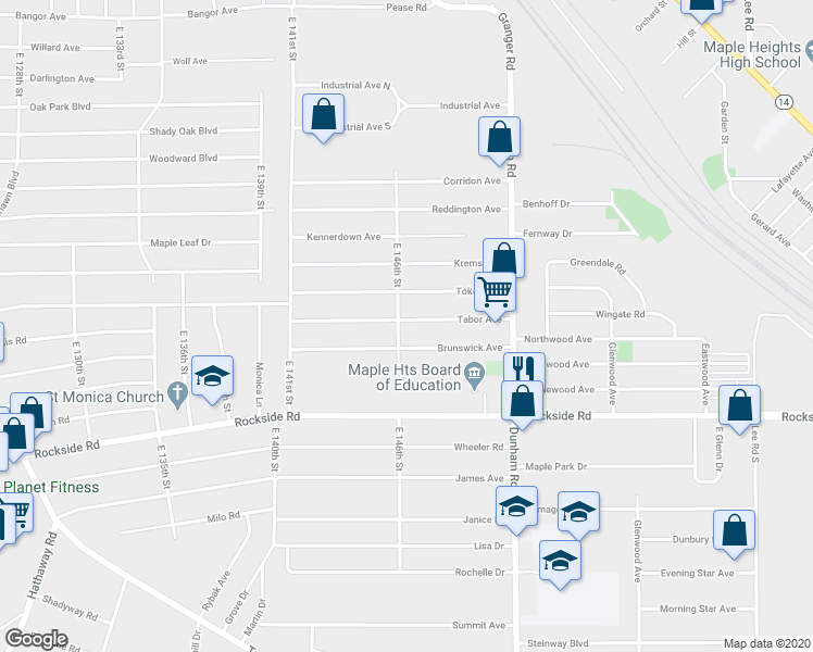 map of restaurants, bars, coffee shops, grocery stores, and more near 14604 Tabor Avenue in Maple Heights