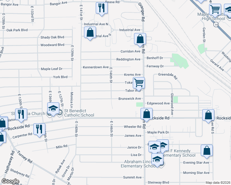 map of restaurants, bars, coffee shops, grocery stores, and more near 14612 Tabor Avenue in Maple Heights