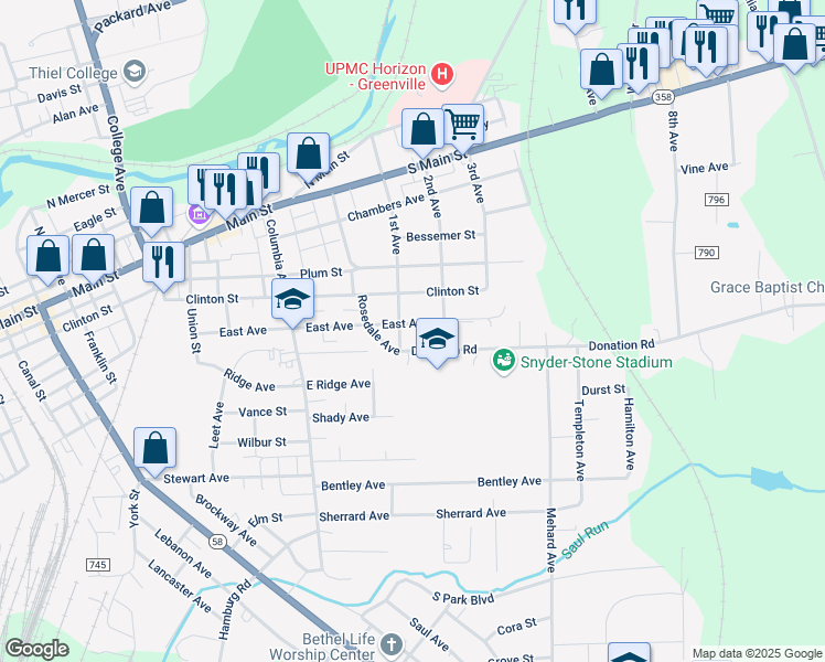 map of restaurants, bars, coffee shops, grocery stores, and more near 682 Methodist Road in Greenville