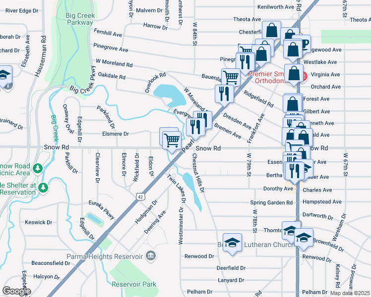 map of restaurants, bars, coffee shops, grocery stores, and more near Pearl Road & Snow Road in Cleveland