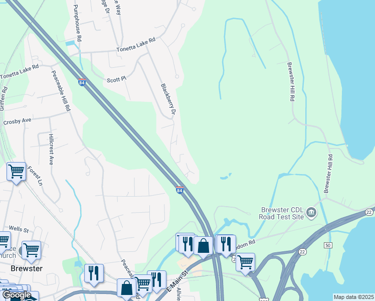 map of restaurants, bars, coffee shops, grocery stores, and more near 1501 Village Drive in Brewster