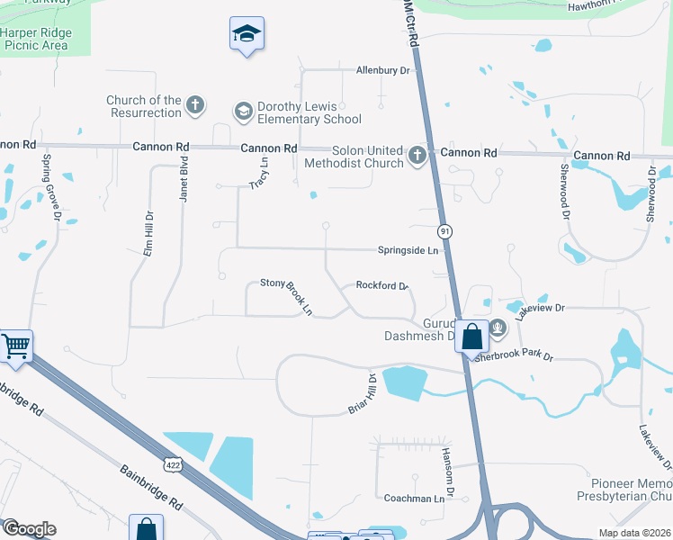 map of restaurants, bars, coffee shops, grocery stores, and more near 32725 Ledge Hill Drive in Solon