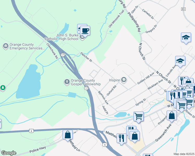 map of restaurants, bars, coffee shops, grocery stores, and more near 200 Wood Hills Drive in Goshen