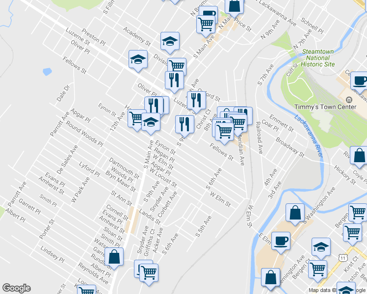 map of restaurants, bars, coffee shops, grocery stores, and more near 801 Hampton Street in Scranton