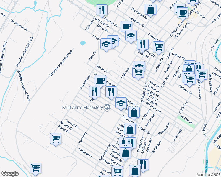 map of restaurants, bars, coffee shops, grocery stores, and more near 1330 Bryn Mawr Street in Scranton