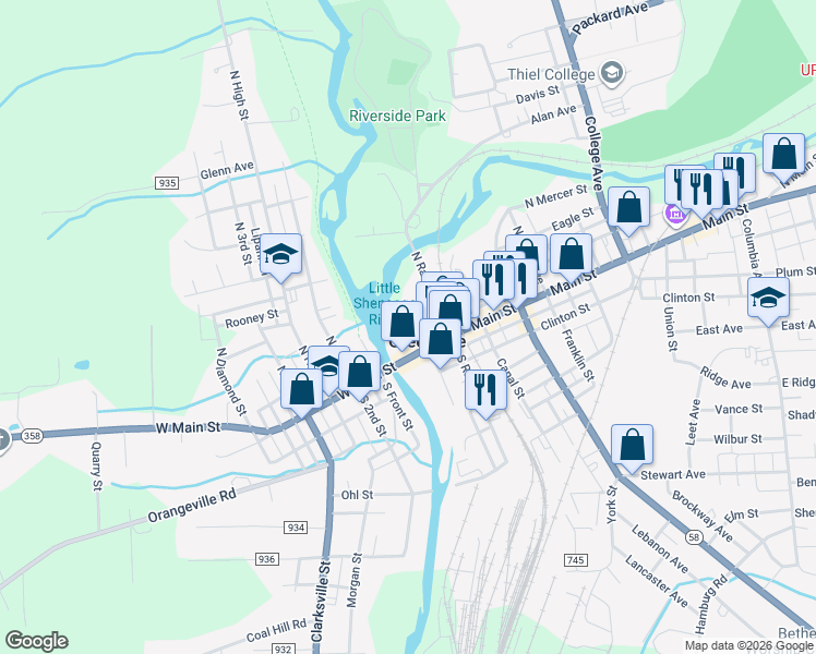 map of restaurants, bars, coffee shops, grocery stores, and more near 106 Main Street in Greenville