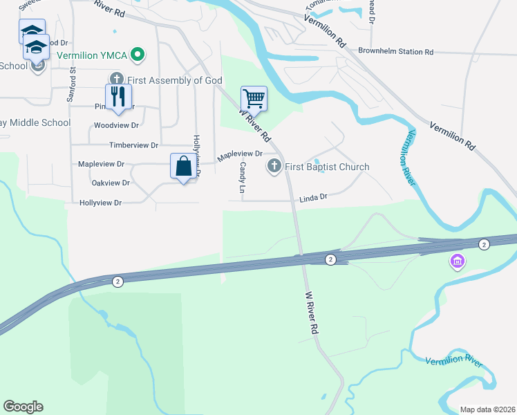 map of restaurants, bars, coffee shops, grocery stores, and more near 4571 Linda Drive in Vermilion