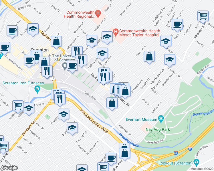 map of restaurants, bars, coffee shops, grocery stores, and more near 1217 Mulberry Street in Scranton