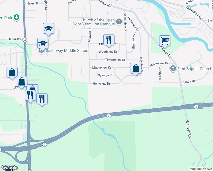 map of restaurants, bars, coffee shops, grocery stores, and more near 4931 Hollyview Drive in Vermilion