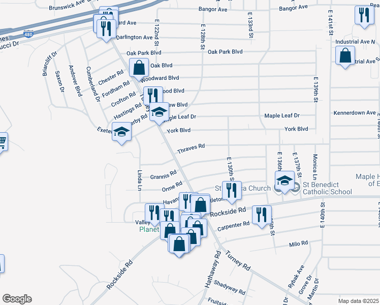 map of restaurants, bars, coffee shops, grocery stores, and more near 12711 Grannis Road in Garfield Heights