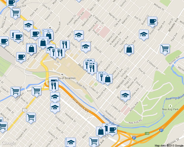 map of restaurants, bars, coffee shops, grocery stores, and more near 329 Taylor Avenue in Scranton