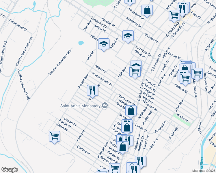 map of restaurants, bars, coffee shops, grocery stores, and more near 1330 Bryn Mawr Street in Scranton