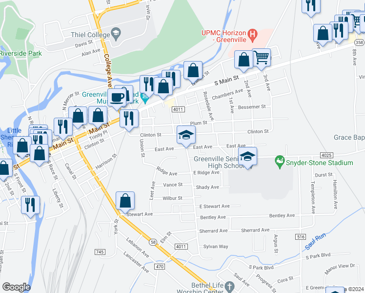 map of restaurants, bars, coffee shops, grocery stores, and more near 2 Davidson Avenue in Greenville