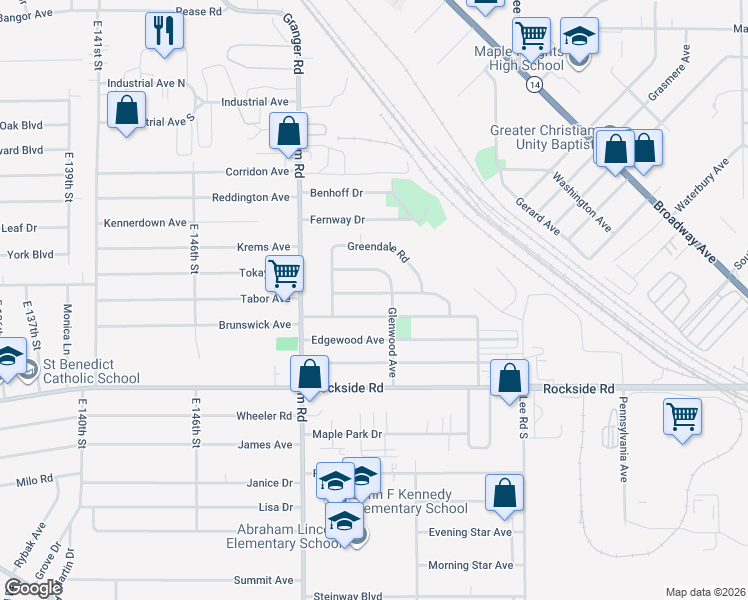 map of restaurants, bars, coffee shops, grocery stores, and more near 15613 Northwood Avenue in Maple Heights