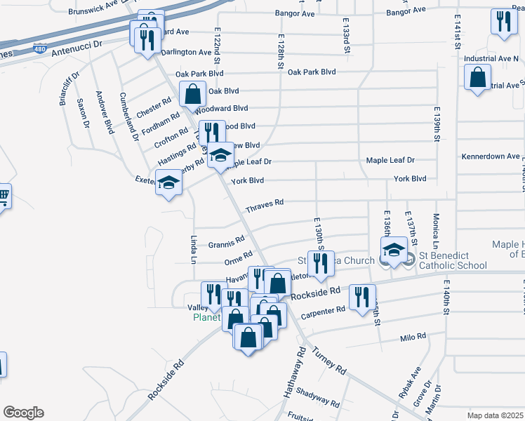 map of restaurants, bars, coffee shops, grocery stores, and more near 12711 Grannis Road in Garfield Heights