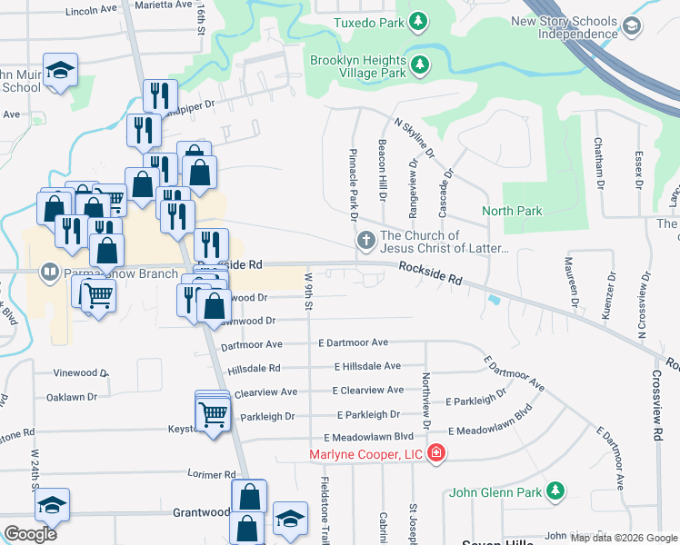 map of restaurants, bars, coffee shops, grocery stores, and more near 181 East Englewood Drive in Seven Hills