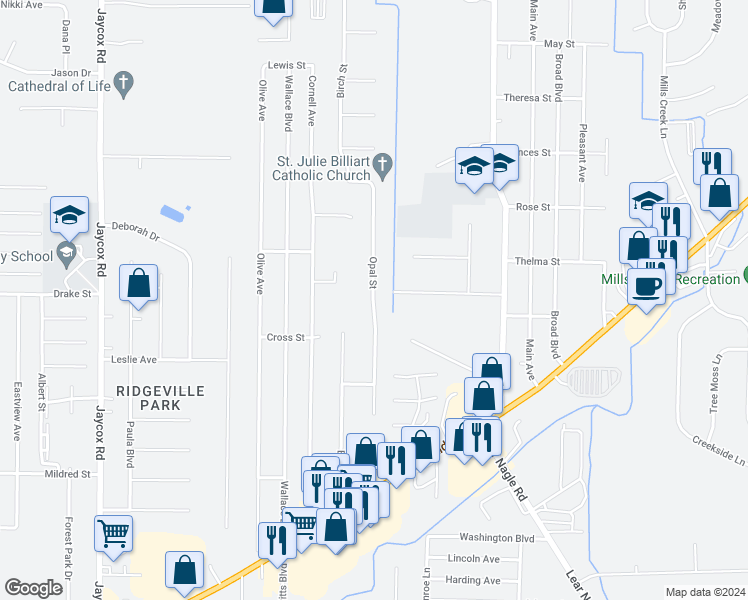 map of restaurants, bars, coffee shops, grocery stores, and more near 5795 Opal Street in North Ridgeville