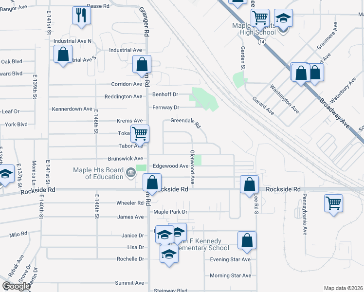 map of restaurants, bars, coffee shops, grocery stores, and more near 15508 Wingate Road in Maple Heights