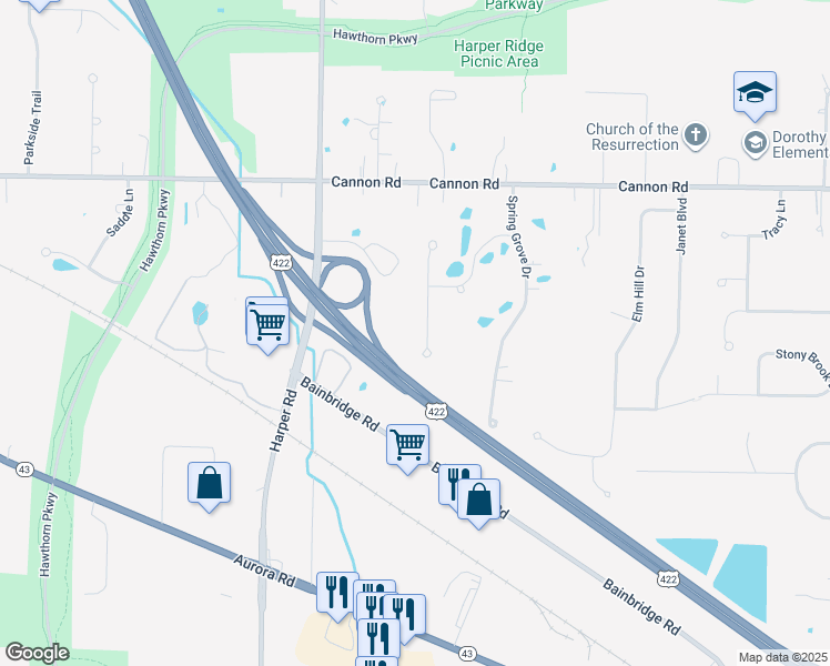 map of restaurants, bars, coffee shops, grocery stores, and more near 5704 Westminster Drive in Solon