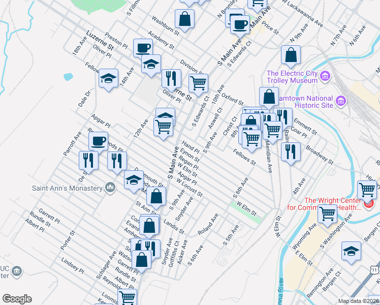 map of restaurants, bars, coffee shops, grocery stores, and more near 919 Eynon Street in Scranton