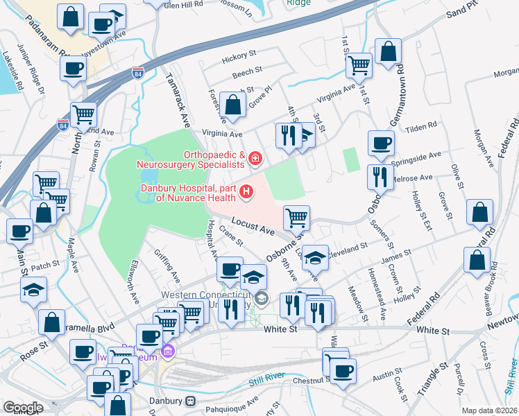 map of restaurants, bars, coffee shops, grocery stores, and more near 24 Hospital Avenue in Danbury