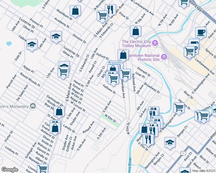 map of restaurants, bars, coffee shops, grocery stores, and more near 708 Hampton Street in Scranton