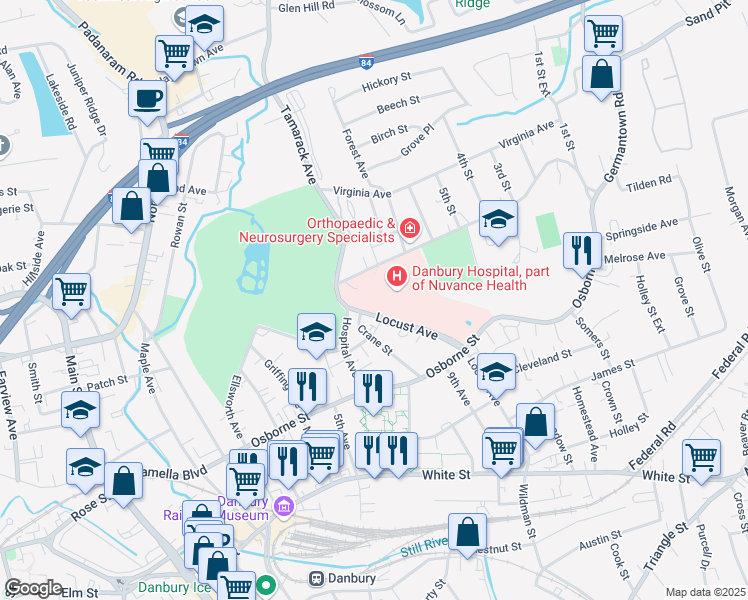 map of restaurants, bars, coffee shops, grocery stores, and more near 24 Hospital Avenue in Danbury