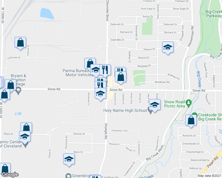map of restaurants, bars, coffee shops, grocery stores, and more near 11680 Snow Rd in Cleveland
