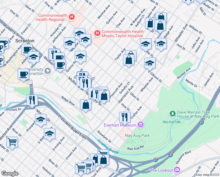 map of restaurants, bars, coffee shops, grocery stores, and more near 508 Prescott Avenue in Scranton