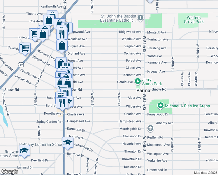 map of restaurants, bars, coffee shops, grocery stores, and more near 6105 Snow Road in Parma