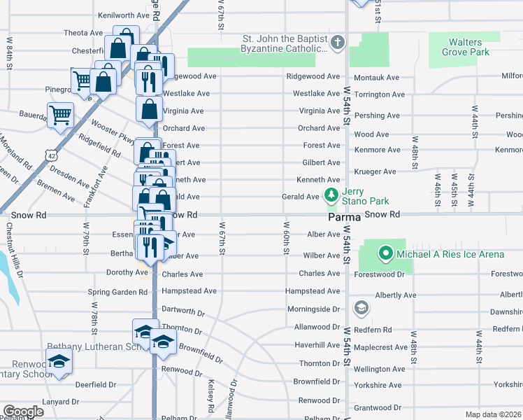 map of restaurants, bars, coffee shops, grocery stores, and more near 6105 Snow Road in Parma