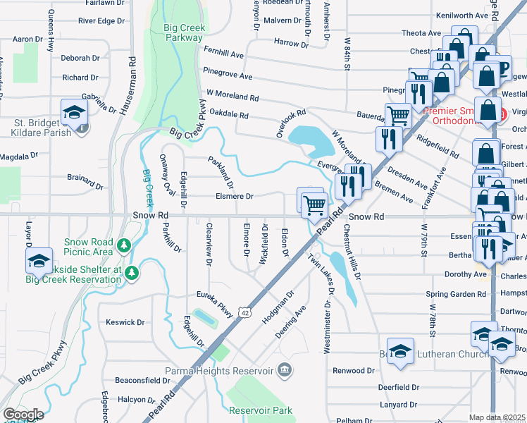 map of restaurants, bars, coffee shops, grocery stores, and more near 9126 Snow Road in Parma