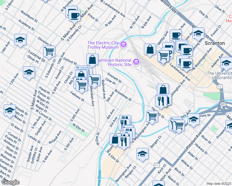 map of restaurants, bars, coffee shops, grocery stores, and more near 300-398 Moran Court in Scranton