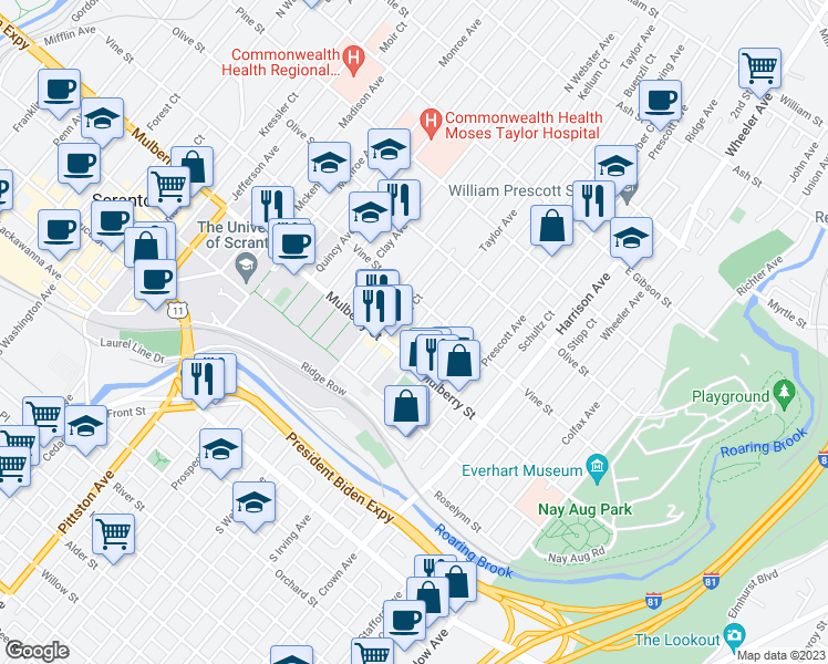 map of restaurants, bars, coffee shops, grocery stores, and more near 426 Taylor Avenue in Scranton