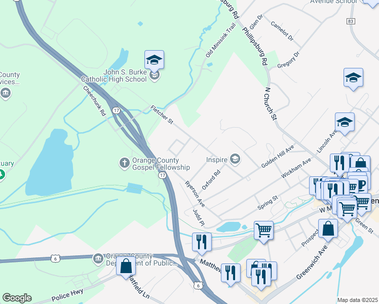 map of restaurants, bars, coffee shops, grocery stores, and more near 70-80 Wood Hills Drive in Goshen