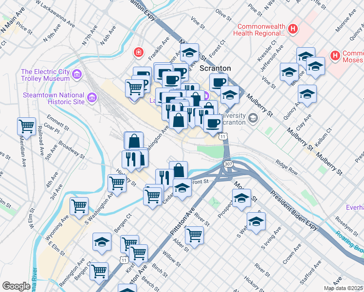 map of restaurants, bars, coffee shops, grocery stores, and more near 159 Cedar Avenue in Scranton