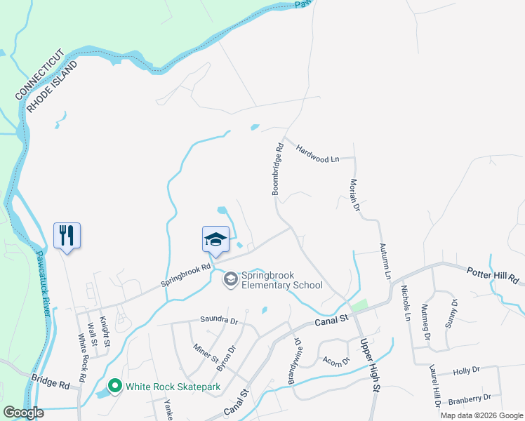 map of restaurants, bars, coffee shops, grocery stores, and more near 58 Springbrook Road in Westerly