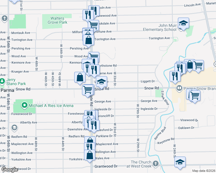 map of restaurants, bars, coffee shops, grocery stores, and more near 3311 Snow Road in Parma