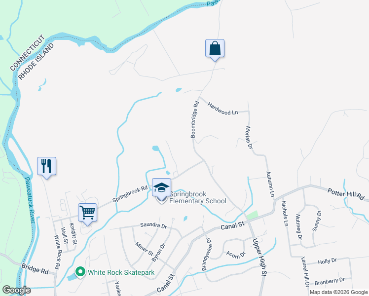 map of restaurants, bars, coffee shops, grocery stores, and more near 58 Springbrook Road in Westerly