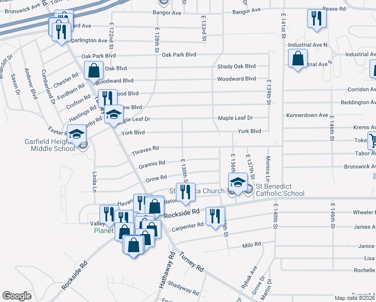 map of restaurants, bars, coffee shops, grocery stores, and more near 13002 Grannis Road in Garfield Heights