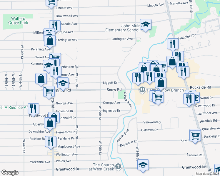 map of restaurants, bars, coffee shops, grocery stores, and more near 2601 Snow Road in Parma