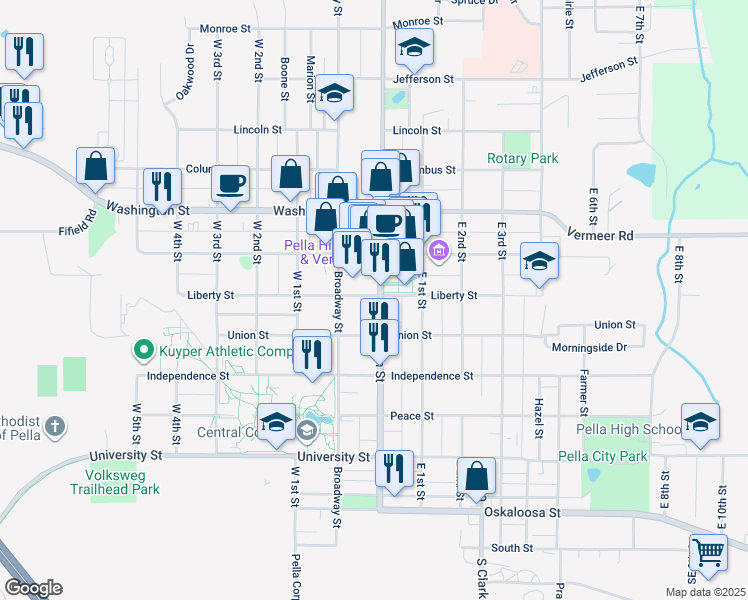 map of restaurants, bars, coffee shops, grocery stores, and more near 615 Main Street in Pella