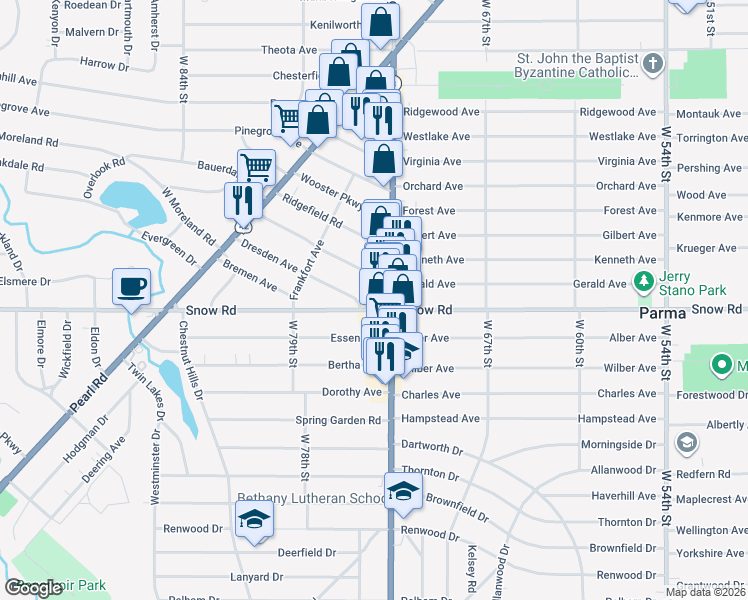 map of restaurants, bars, coffee shops, grocery stores, and more near 5812 Ridge Road in Parma