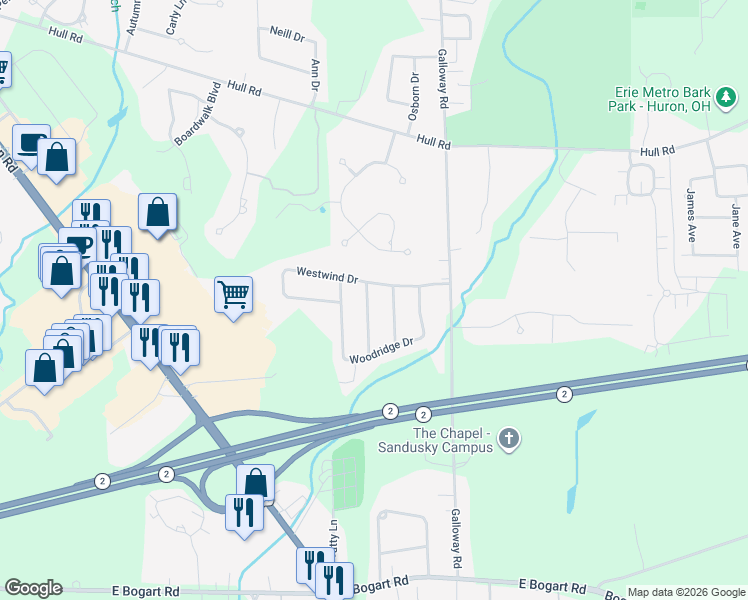 map of restaurants, bars, coffee shops, grocery stores, and more near 4202 Greenfield Drive in Sandusky