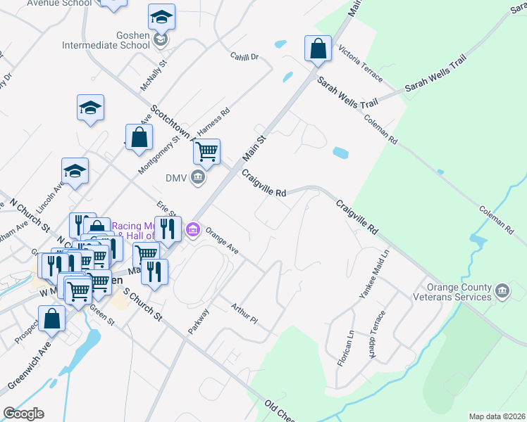 map of restaurants, bars, coffee shops, grocery stores, and more near 9 Maplewood Terrace in Goshen