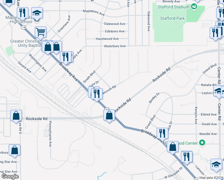 map of restaurants, bars, coffee shops, grocery stores, and more near 60 Greencroft Road in Bedford