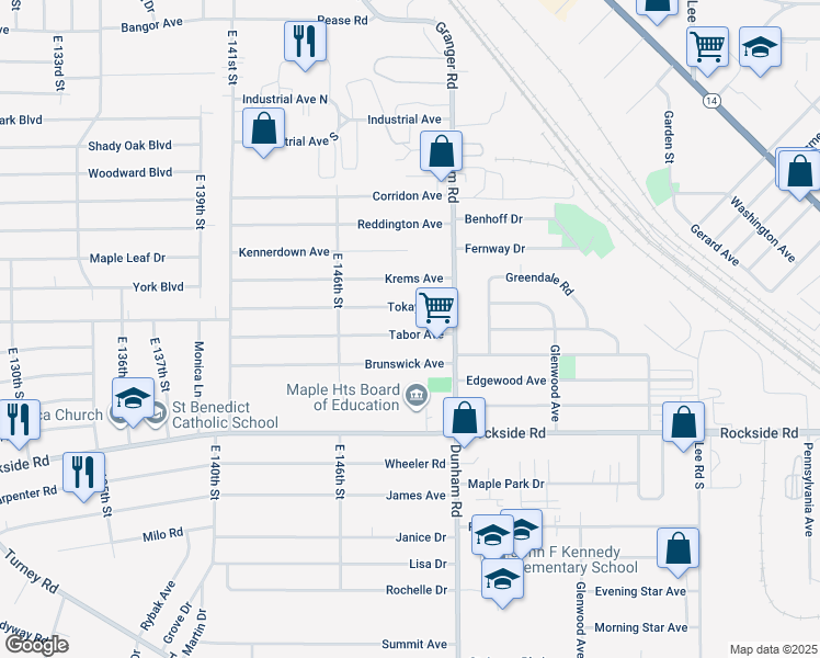 map of restaurants, bars, coffee shops, grocery stores, and more near 14915 Tabor Avenue in Maple Heights