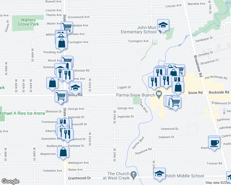 map of restaurants, bars, coffee shops, grocery stores, and more near 2828 Snow Road in Parma