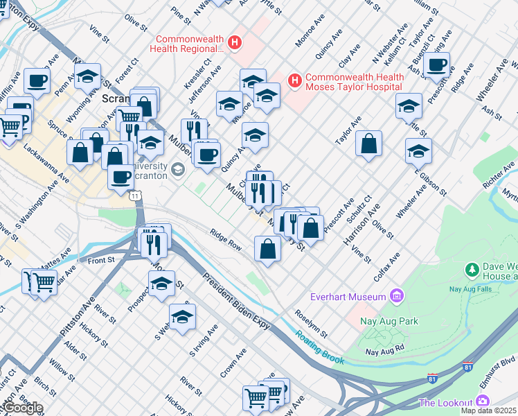 map of restaurants, bars, coffee shops, grocery stores, and more near 427 Mahon Court in Scranton