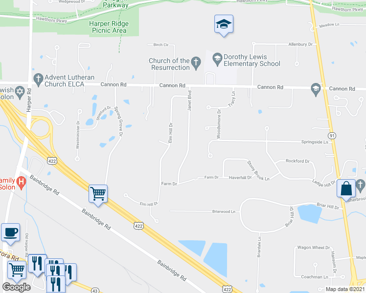 map of restaurants, bars, coffee shops, grocery stores, and more near 5700 Janet Boulevard in Solon